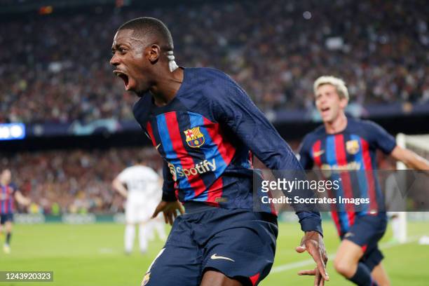 Ousmane Dembele of FC Barcelona celebrating 1-0 during the UEFA Champions League match between FC Barcelona v Internazionale at the Spotify Camp Nou...