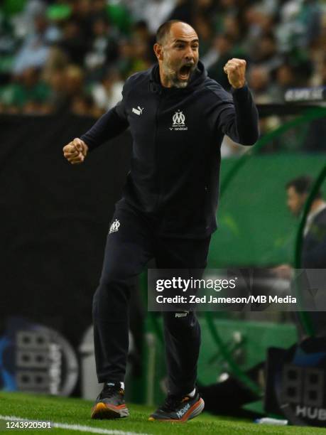 Manager Igor Tudor of Marseille reacts and celebrates the second goal during the UEFA Champions League group D match between Sporting CP and...