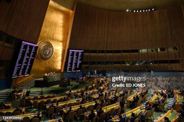 General view shows voting results during a UN General Assembly meeting at the United Nations headquarters in New York City on October 12, 2022. - The...
