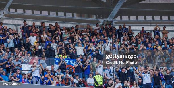 Club Bruges KV Supporters during the UEFA Champions League match between Atletico de Madrid and Club Bruges KV at Wanda Metropolitano Stadium in...