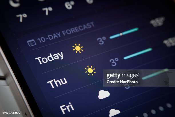 The Weather app is seen on an iPhone mobile device in this illustration photo in Warsaw, Poland on 12 October, 2022.