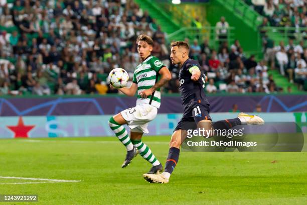 Jose Marsa of Sporting CP and Valentin Rongier of Olympique Marseille battle for the ball during the UEFA Champions League group D match between...