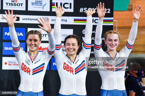 Lauren BELL of Great Britain, Sophie CAPEWELL of Great Britain, and Emma FINUCANE of Great Britain at the victory ceremony of the womens team sprint...