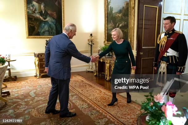 King Charles III meets Prime Minister Liz Truss during their weekly audience at Buckingham Palace on October 12, 2022 in London, England.