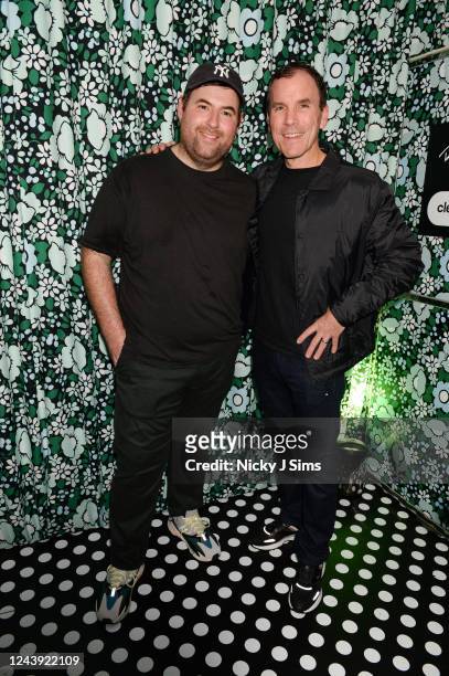 Richard Quinn and Rich Bayer are seen at the Richard Quinn x Clearpay: London Fashion Week In Bloom exhibition and drinks during London Fashion Week...