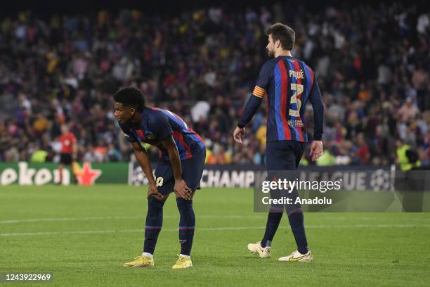 Barcelonaâs Alex Balde gestures during the UEFA Champions League football match between FC Barcelona and Inter Milan at the Camp Nou Stadium in...