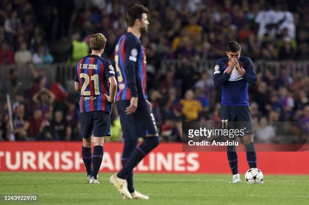 Barcelona's Spanish forward Ferran Torres gestures during the UEFA Champions League football match between FC Barcelona and Internazionale at the...