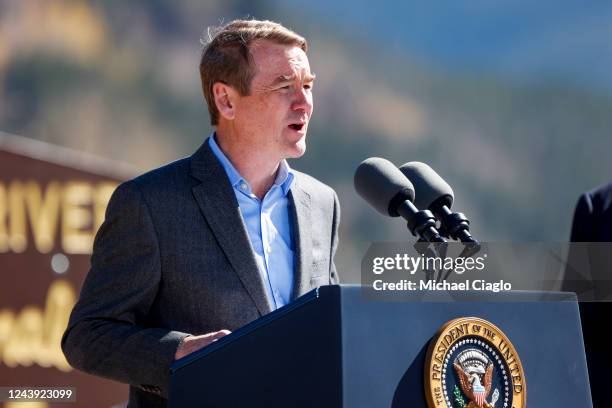 Sen. Michael Bennett gives a speech before U.S. President Joe Biden designates Camp Hale as a national monument on October 12, 2022 in Red Cliff,...