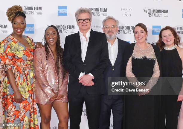 Tanya Moodie, Crystal Clarke, Colin Firth, Sir Sam Mendes, Olivia Colman and Monica Dolan attend the European Premiere of "Empire Of Light" during...