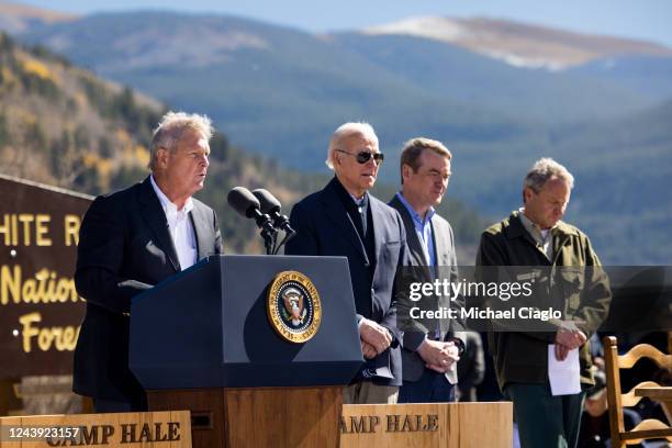 Secretary of Agriculture Tom Vilsack speaks at Camp Hale while standing with U.S. President Joe Biden, Sen. Michael Bennett , and White River...