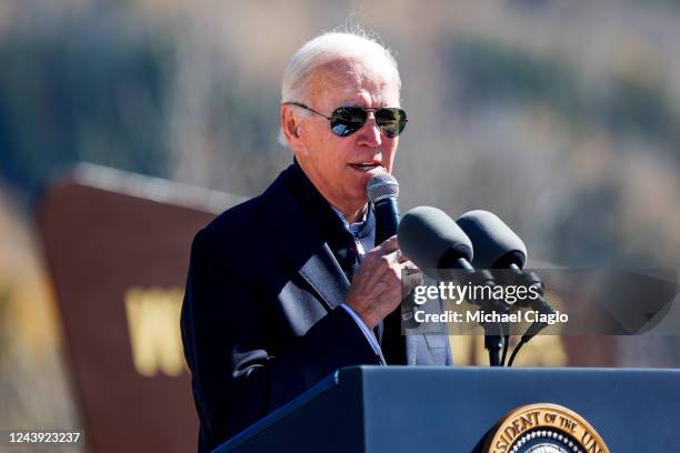 President Joe Biden gives a speech before designating Camp Hale as a national monument on October 12, 2022 in Red Cliff, Colorado. Camp Hale, a World...