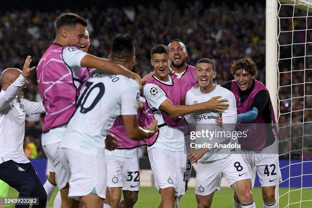 Inter Milan midfielder Robin Gosens celebrates his goal during the UEFA Champions League football match between FC Barcelona and Inter Milan at the...