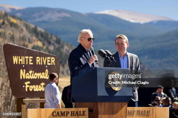 President Joe Biden stands with Sen. Michael Bennett while giving a speech before designating Camp Hale as a national monument on October 12, 2022 in...