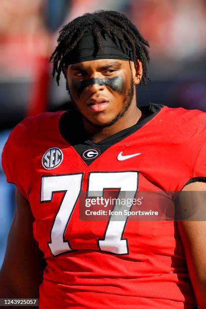 Georgia Bulldogs offensive lineman Devin Willock looks on during a college football game between the Auburn Tigers and the Georgia Bulldogs on...