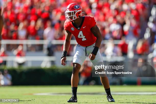 Georgia Bulldogs linebacker Nolan Smith in a defensive stance during a college football game between the Auburn Tigers and the Georgia Bulldogs on...