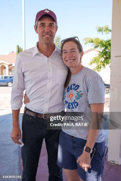 Texas Democratic gubernatorial candidate Beto O'Rourke poses with his wife Amy Hoover Sanders during a canvassing event in El Paso, Texas on October...