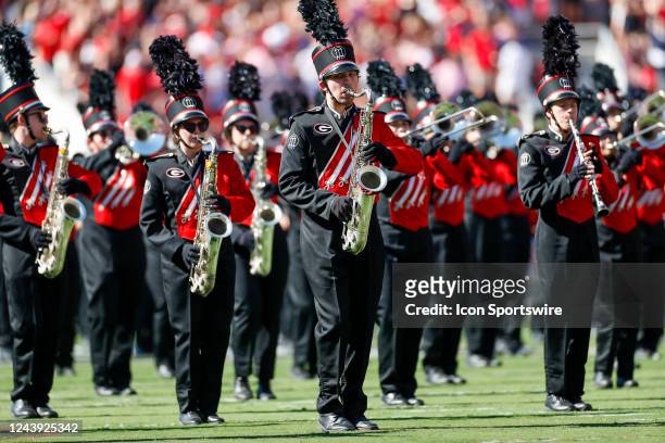 The Redcoat Marching Band of UGA performs prior to a college football game between the Auburn Tigers and the Georgia Bulldogs on October 8, 2022 at...