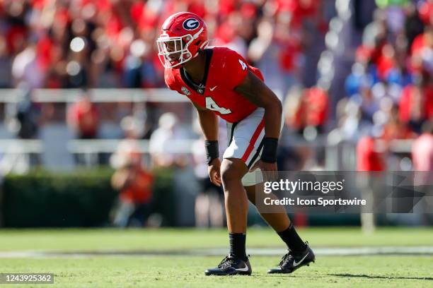 Georgia Bulldogs linebacker Nolan Smith in a defensive stance during a college football game between the Auburn Tigers and the Georgia Bulldogs on...