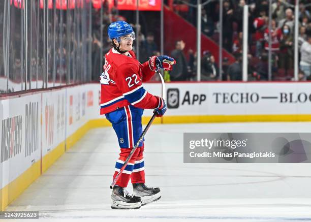 Cole Caufield of the Montreal Canadiens celebrates his goal during the second period against the Toronto Maple Leafs at Centre Bell on October 12,...