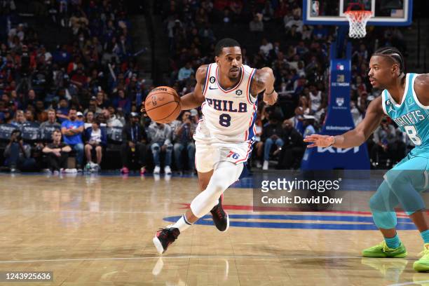 De'Anthony Melton of the Philadelphia 76ers drives to the basket against the Charlotte Hornets during a preseason game on October 12, 2022 at the...