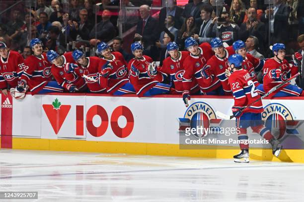 Cole Caufield of the Montreal Canadiens celebrates his goal with teammates on the bench during the second period against the Toronto Maple Leafs at...