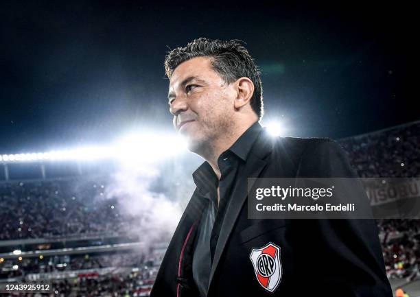 Marcelo Gallardo coach of River Plate looks on prior a match between River Plate and Platense as part of Liga Profesional 2022 at Estadio Más...