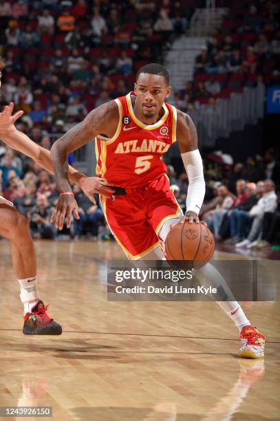 Dejounte Murray of the Atlanta Hawks drives to the basket during the game against the Cleveland Cavaliers on October 12, 2022 at Rocket Mortgage...