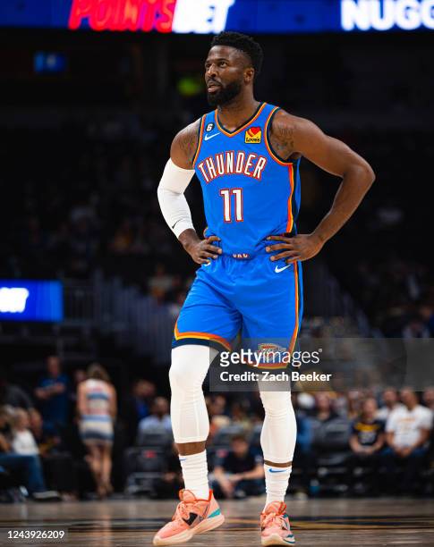 Theo Maledon of the Oklahoma City Thunder looks on against the Denver Nuggets on October 3, 2022 at the Ball Arena in Denver, Colorado. NOTE TO USER:...