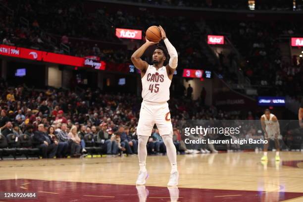 Donovan Mitchell of the Cleveland Cavaliers shoots a free throw during the game against the Atlanta Hawks on October 12, 2022 at Rocket Mortgage...