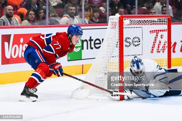 Toronto Maple Leafs goalie Matt Murray makes a save against Montreal Canadiens center Kirby Dach during the Toronto Maple Leafs versus the Montreal...