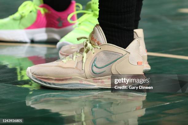 The sneakers worn by Kyrie Irving of the Brooklyn Nets during the game against the Milwaukee Bucks on October 12, 2022 at the Fiserv Forum Center in...