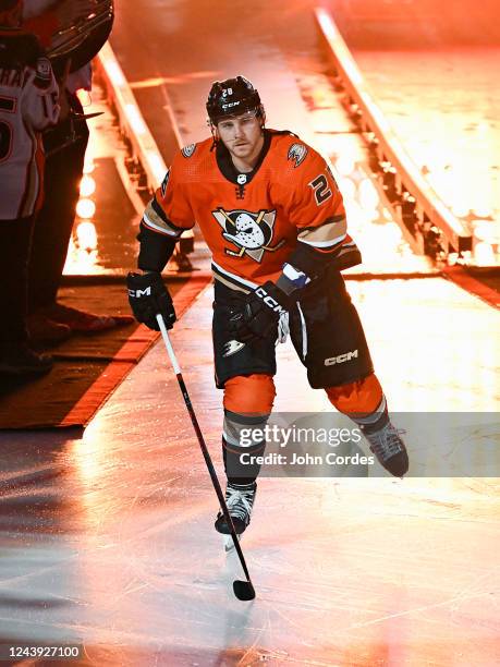 Nathan Beaulieu of the Anaheim Ducks takes the ice prior to the game against the Seattle Kraken at Honda Center on October 12, 2022 in Anaheim,...