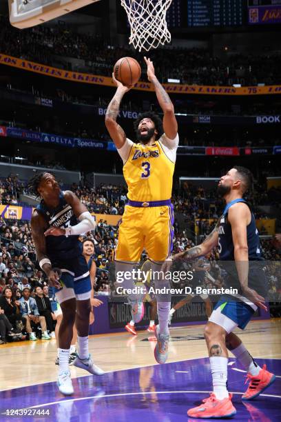 Anthony Davis of the Los Angeles Lakers drives to the basket during the game against the Minnesota Timberwolves on October 12, 2022 at Crypto.com...