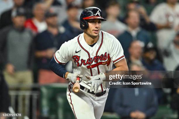 Atlanta first baseman Matt Olson gets a base hit and drives in a run during game 2 of the NLDS between the Philadelphia Phillies and the Atlanta...