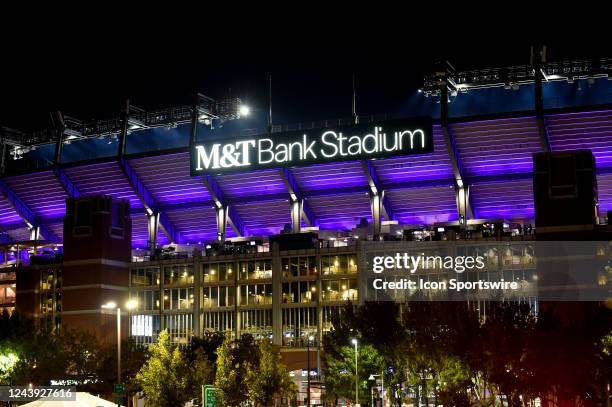 An exterior general view of M&T Bank Stadium at night time with lights on during the Cincinnati Bengals versus Baltimore Ravens NFL game at M&T Bank...