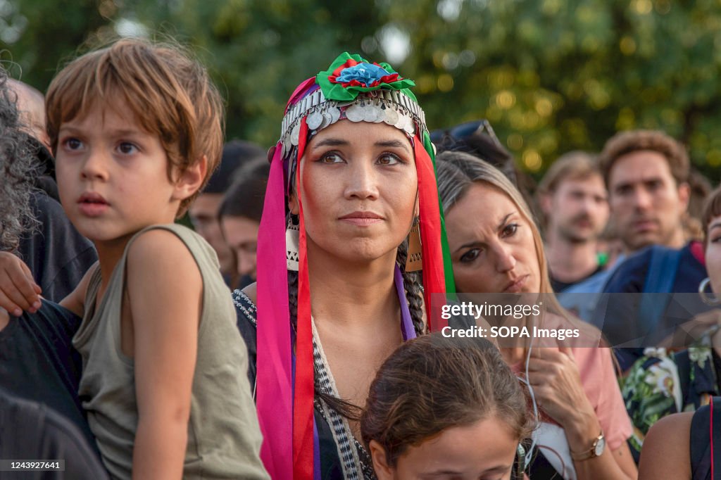 A woman in a traditional costume of the Mapuche Indians...