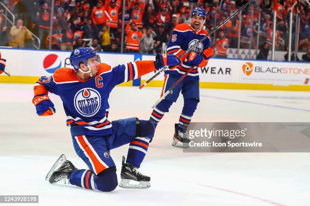 Edmonton Oilers Center Connor McDavid celebrates his go ahead goal and second of the game in the third period during the Edmonton Oilers game versus...