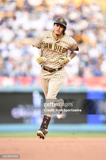San Diego Padres third baseman Manny Machado circles the bases after his home run during the NLDS Game 2 between the San Diego Padres and the Los...