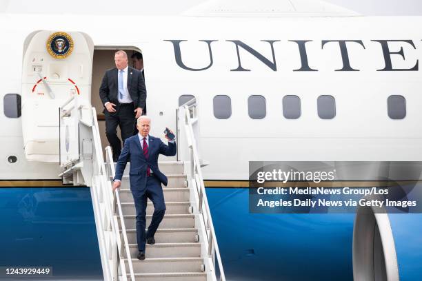 Los Angeles , CA President Joe Biden arrives on Air Force One at Los Angeles International Airport for a two-day visit to the Southland on Wednesday,...