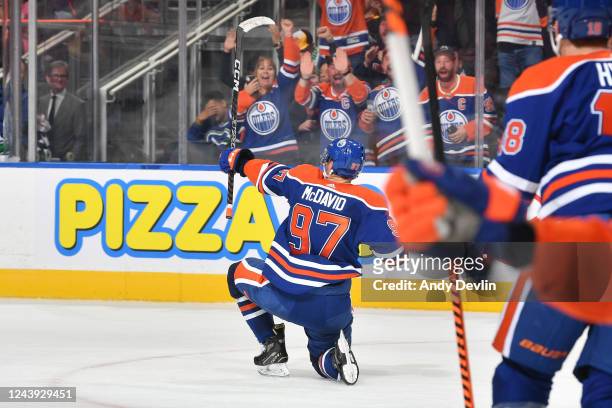 Connor McDavid of the Edmonton Oilers celebrates after a goal during the game against the Vancouver Canucks on October 12, 2022 at Rogers Place in...