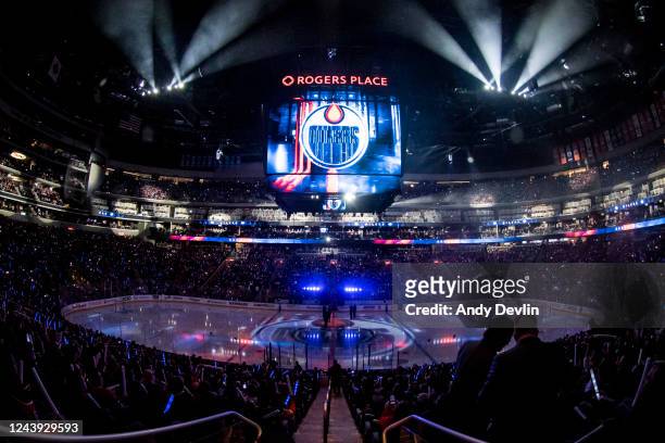General view of the arena prior to the game between the Edmonton Oilers and the Vancouver Canucks on October 12, 2022 at Rogers Place in Edmonton,...