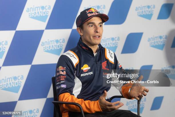 Marc Marquez of Spain and Honda RC213V at the International pre-event press conference during previews ahead of the MotoGP of Australia at Phillip...