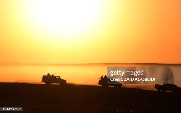 Convoy of the Iraqi army and the Hashed al-Shaabi , patrol in the Western part of Iraq's Niniveh governorate, to pursue the remnants of the Islamic...