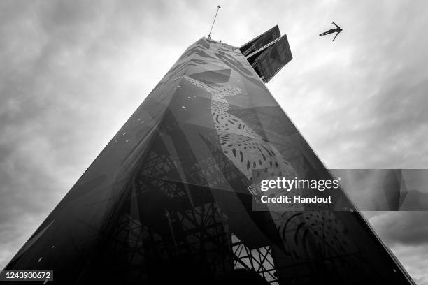 In this handout image provided by Red Bull, Gary Hunt of France dives from the 27.5 metre platform during the training day of the eighth and final...