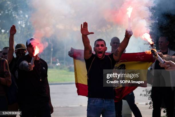 The Ultra-nationalist Spaniards give the Hitler salute with chants in favor of Nazism during the National Day of Spain celebration. Dozens of...