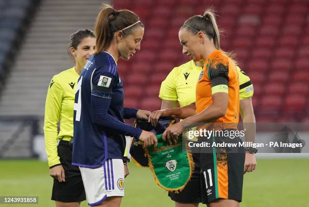 Scotland captain Rachel Corsie swaps Pennant flags with Republic of Ireland captain Katie McCabe prior to the FIFA Women's World Cup 2023 qualifying...