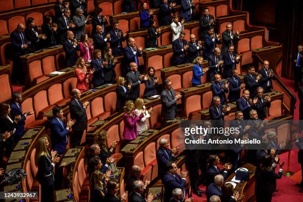 Senator of right wing claps their hands as Ignazio La Russa gives a speech after being nominated the new President of the Senate during the second...