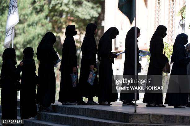 Afghan female students stand in a queue after they arrive for entrance exams at Kabul University in Kabul on October 13, 2022.