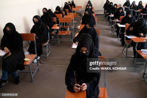 Afghan female students take entrance exams at Kabul University in Kabul on October 13, 2022.