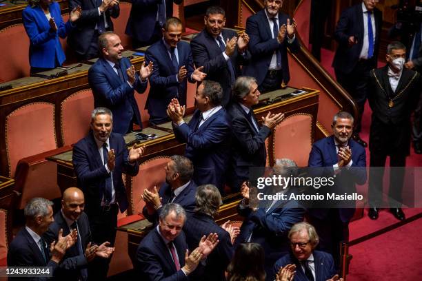 Senator of right wing claps their hands as Ignazio La Russa gives a speech after being nominated the new President of the Senate during the second...